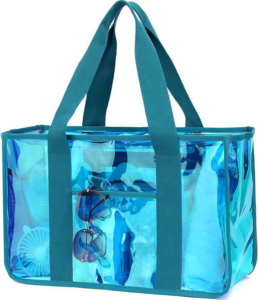 Iridescent Clear Beach Bag for Women, Large Pool Tote Cruise Vacation Essentials - Waterproof, Zipper Closure