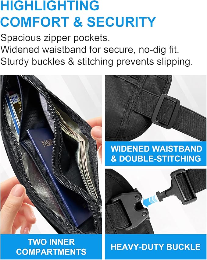 Hidden Money Belt for Travel, RFID Blocking, Sweat-Proof, Heavy-Duty Buckle, 3rd Gen Waist Wallet Anti Theft to Protect Cash, Credit Cards and Documents Under-Clothes for Men & Women, Black