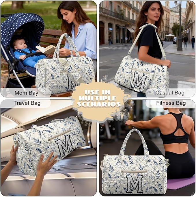 COEQINE Quilted Duffle Bag Women Personal Item Travel Bag Blue White Initial Name A-Z Large Capacity Flower Travel Bag with Trolley Sleeve