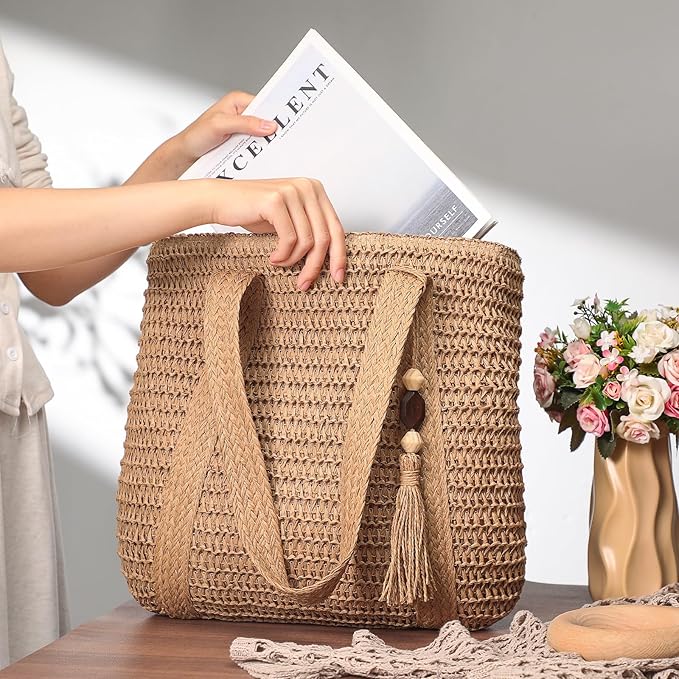 Pleneal Straw Beach Bags for Women - Women Beach Handmade Woven Tote Bag, Summer Mesh Hollow Shoulder Bag for Holiday