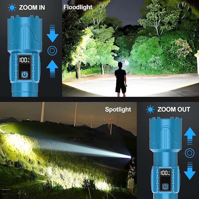 Rechargeable Tactical Flashlights 2000 High Lumens - 5000mAh Super Bright LED Powerful Flash Light, Waterproof Handheld USB C Flashlight for Home,Car,Camping,Emergencies,Zoomable (1, Turquoise)