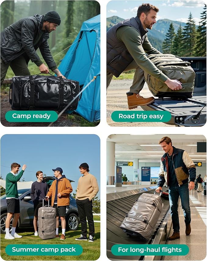 BAGSMART Rolling Duffle Bag with Wheels, Travel Duffel Luggage Bag for Men, Water Repellent Heavy Duty for Travel Camp, Black, Large, 70L