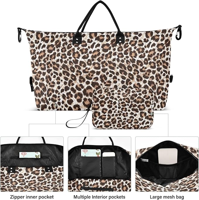 Travel Duffle Bag, Leopard Print Gym Bag with Storage Bag Weekender Overnight Bag for Men Women Trip Sports Yoga
