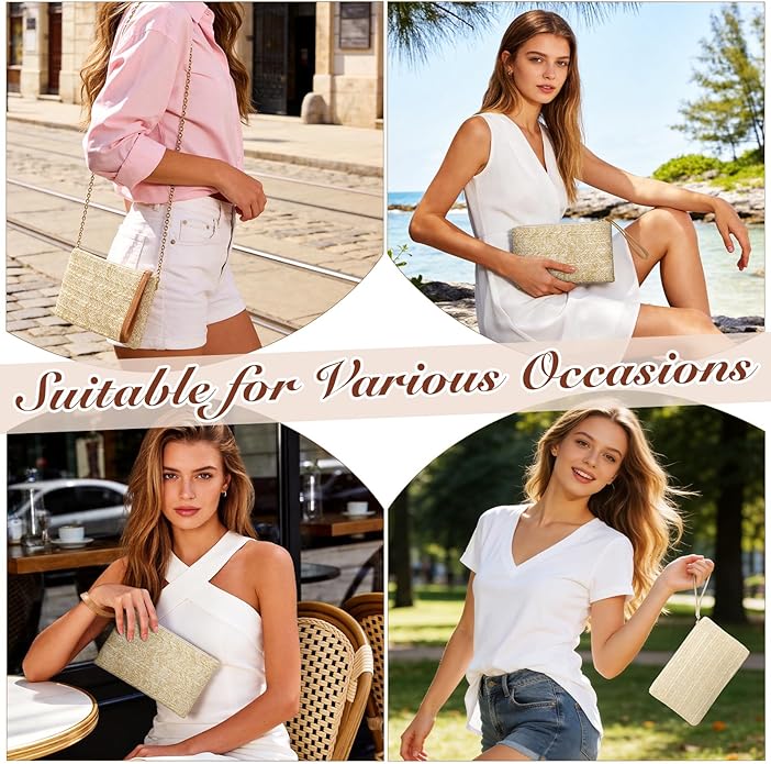 Clothirily Straw Purse Bag for Women Bohemian Handbag with Zipper Wristlet, Beach Clutch Womens Straw Clutch Purse for Summer