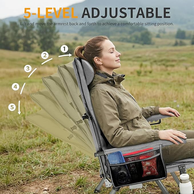 Folding Camping Chair with Cup Holder and Storage Bag, Heavy Duty Support 400 LBS, Oversized Collapsible Portable Adjustable Back Support Camping Chair for Outdoor (Adjustable-Grey)