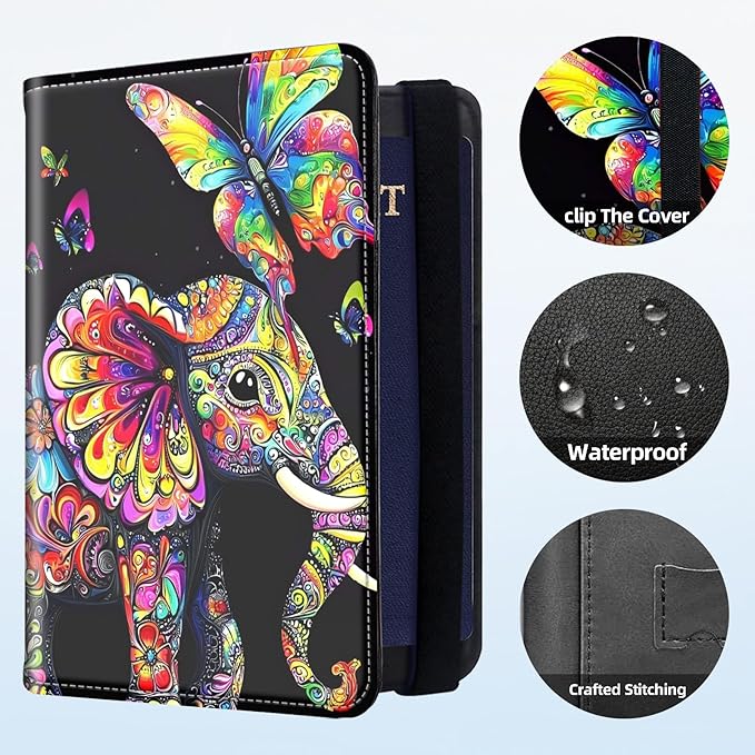 RFID Security Premium Passport and Travel Document Holder Combo, Slim PU Leather Folio Wallet with 3 Card Slots & Boarding Pass Pocket, Secure Elastic Closure Organizer, Colorful Floral Elephant
