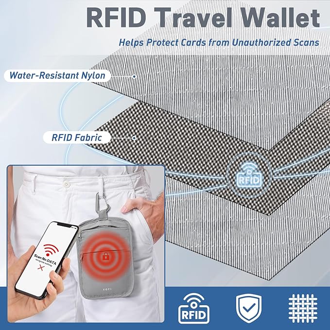 RFID Hidden Travel Wallet Belt Wallet – Large Capacity Passport Holder & Hidden Money Pouch, 3-Zone Organizer Anti-Theft Waist Wallet with Dual Clip Belt & Carabiner