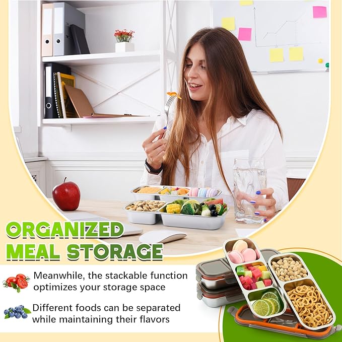 4 Pcs 304 Stainless Steel Lunch Containers Bento Boxes 38oz Salad Multipurpose with 3 and 2 Compartments Winter Party Reusable Large Box with Lids Divided Containers for Snack Dip Sandwich (Black)