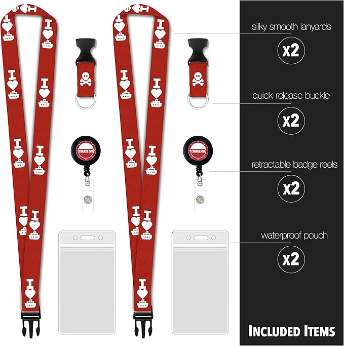 Cruise On Cruise Lanyard for Ship Cards – 2-Pack Retractable Badge & Waterproof Key Card Holder for Ship Cards – Cruise Essentials 2026-2027, Perfect for Travel & Vacation (Red)