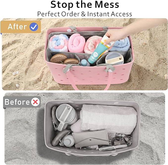 F-color Beach Bag Organizer Insert Compatible with Silicon Bag Original Large, Mesh Tote Liner with 10 Pockets & Adjustable Handle, Lightweight Divider Pouch for Beach Accessories Organizing, Grey