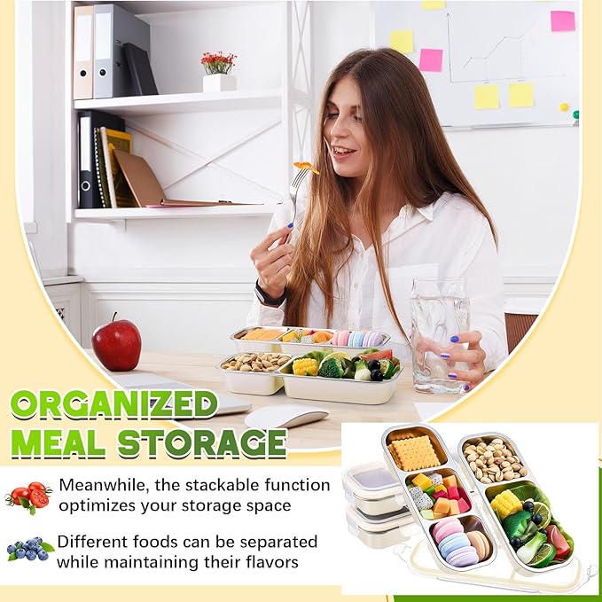 4 Pcs 304 Stainless Steel Lunch Containers Bento Boxes 38oz Salad Multipurpose with 3 and 2 Compartments Winter Party Reusable Large Box with Lids Divided Containers for Snack Dip Sandwich (White)