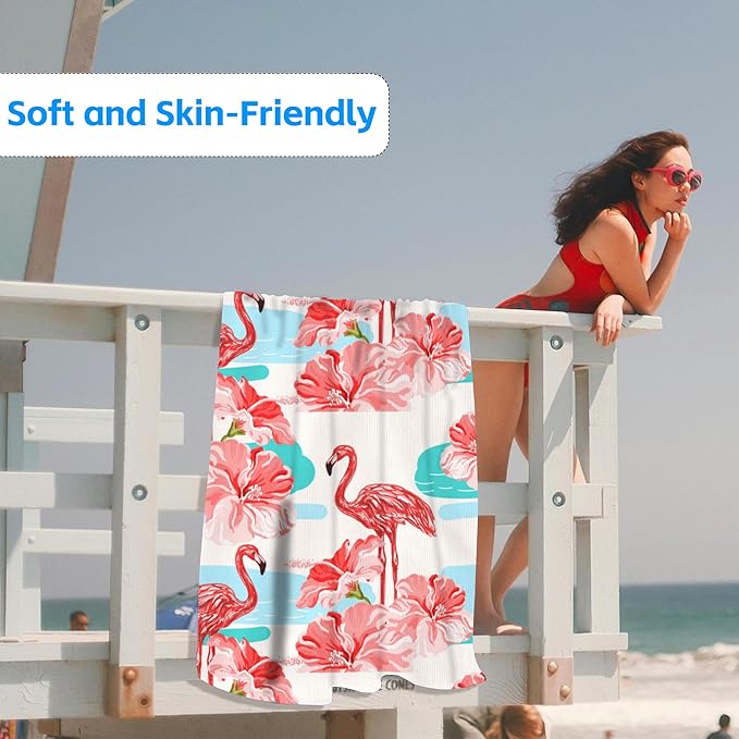 Hibiscus Beach Towel,Tropical Flamingo and Red Hibiscus Lightweight Compact Sand Free Quick Dry Oversized Pool Swimming Towels for Girls Women Adults,29.5"×59"