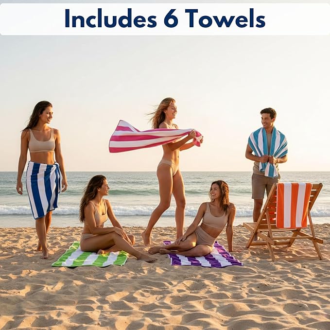 BolBom*S Beach Towels 6 Pack Large 30x60-100% Cotton Beach & Pool Towels Bulk Cabana Stripe - Quick Dry Bath Towel Set for Swim, Beach Essentials, Bathroom, Hot Tub, Yoga, Hôtel & Airbnb Guests