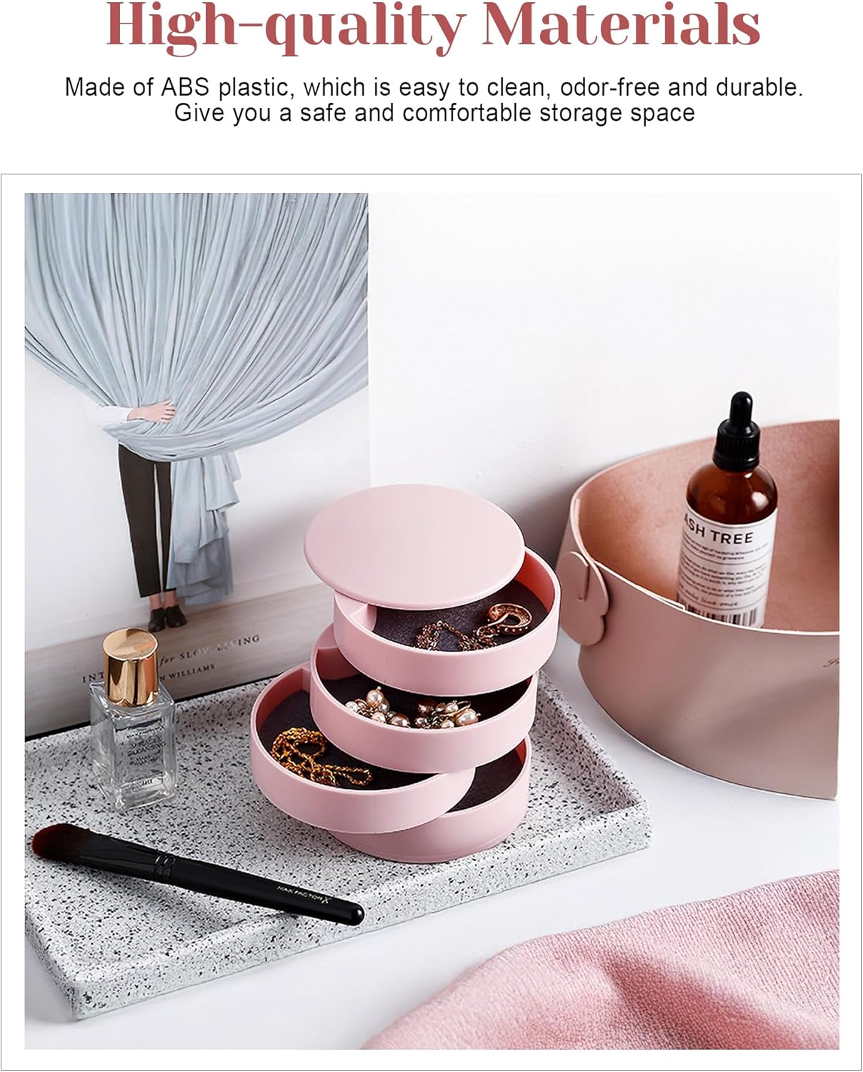 CONBOLA Jewelry Organizer, Small Jewelry Storage Box Earring Holder for Women, 4-Layer Rotating Travel Jewelry Tray Case with Lid for Bracelets Rings Bracelets, Gift for Women Teen Girls