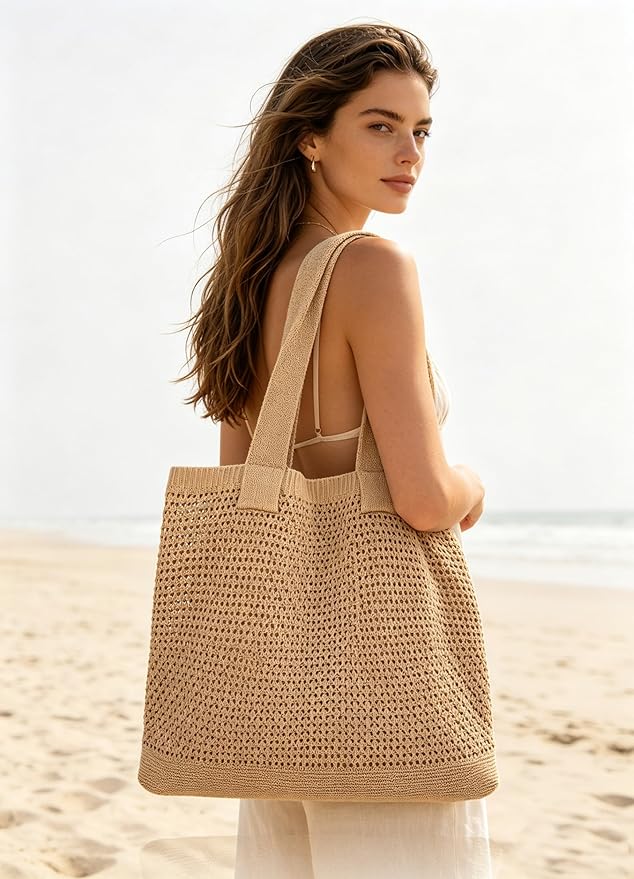 COOKOOKY Crochet Beach Tote bag Summer Beach Bag for Women Aesthetic Mesh Tote Bag Hippie Bag Knit Bag