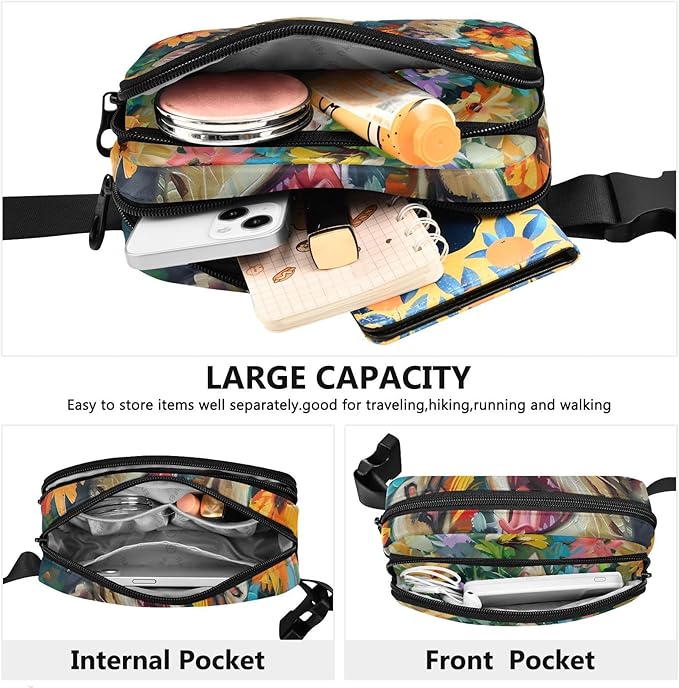 Cat Flower Oil Painting Fanny Pack for Women Men Water Resistant Fashion Waist Packs with Adjustable Strap Belt Bag for Travel Workout Jogging Hiking 21220497
