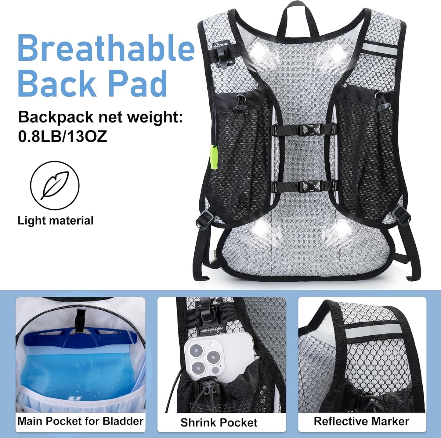 Lightweight Hydration Backpack, Running Backpack with 2L Water Bladder, Hydro Water Daypack for Cycling Hiking Rave for Men Women