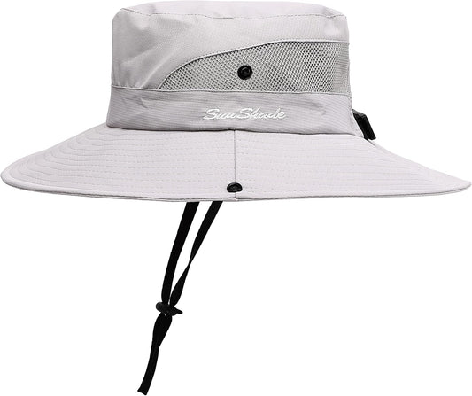 Womens Summer Sun Hat Beach Hat Wide Brim Outdoor UV Protection Hat Foldable Cool Mesh Ponytail Bucket Hat