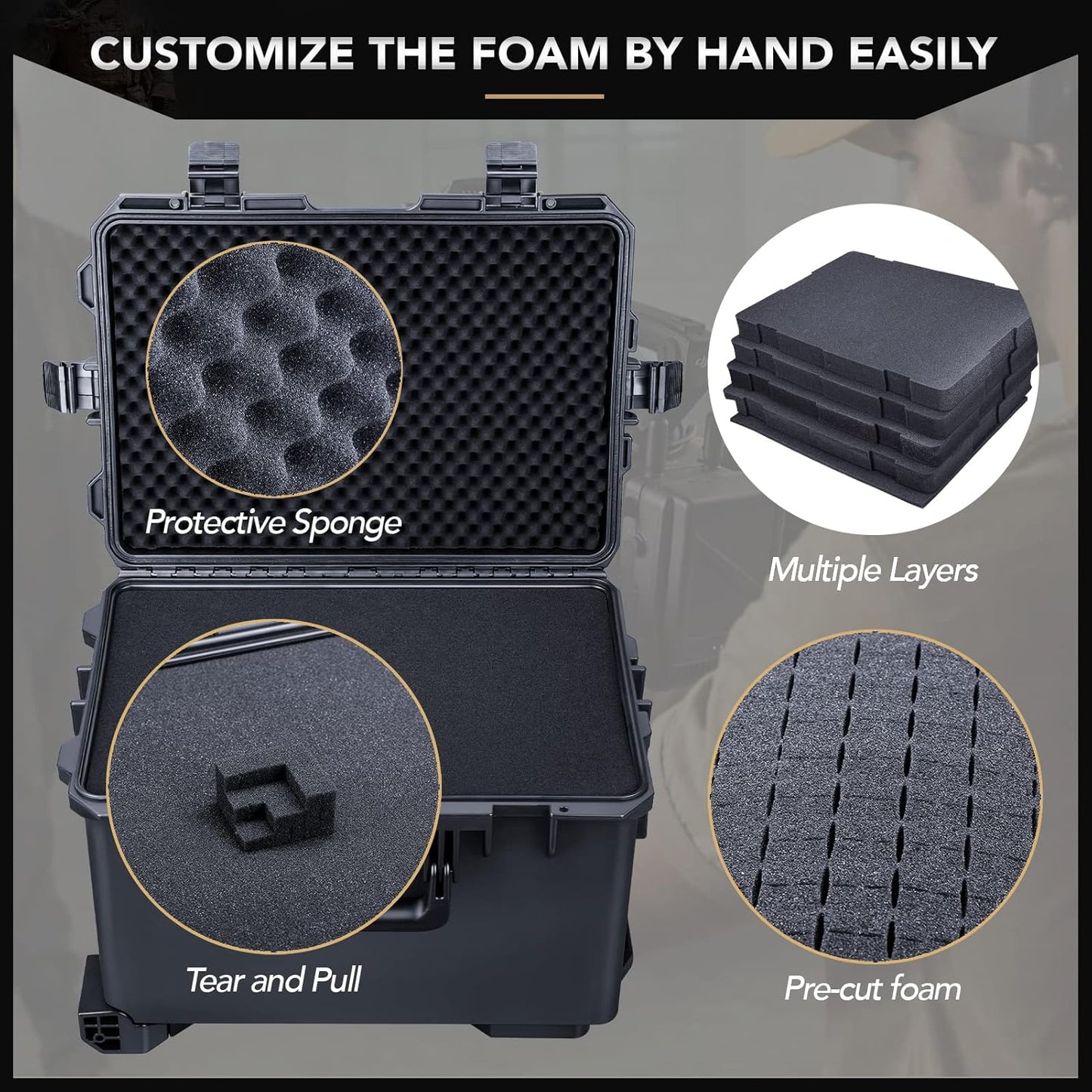 Lykus HC-5230 Large Waterproof Hard Case with Wheels and Customizable Foam, Interior Size 20.5x14.2x13.6 inch, Suitable for cameras, lenses, electronic equipment and more