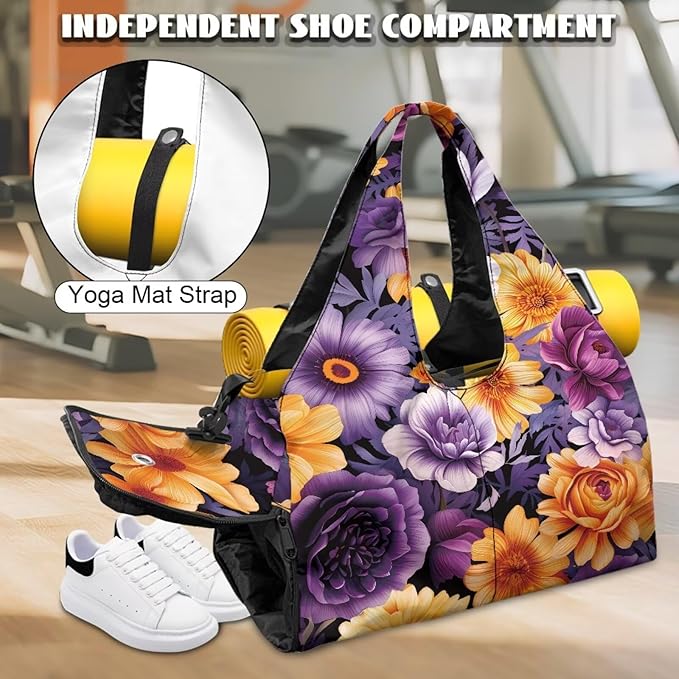 Purple Floral Womens Gym Bag with Shoe Compartment Lightweight Overnight Weekender Duffel Bag for Travel Sports Fitness Workout Yoga Mat Holder Organizer