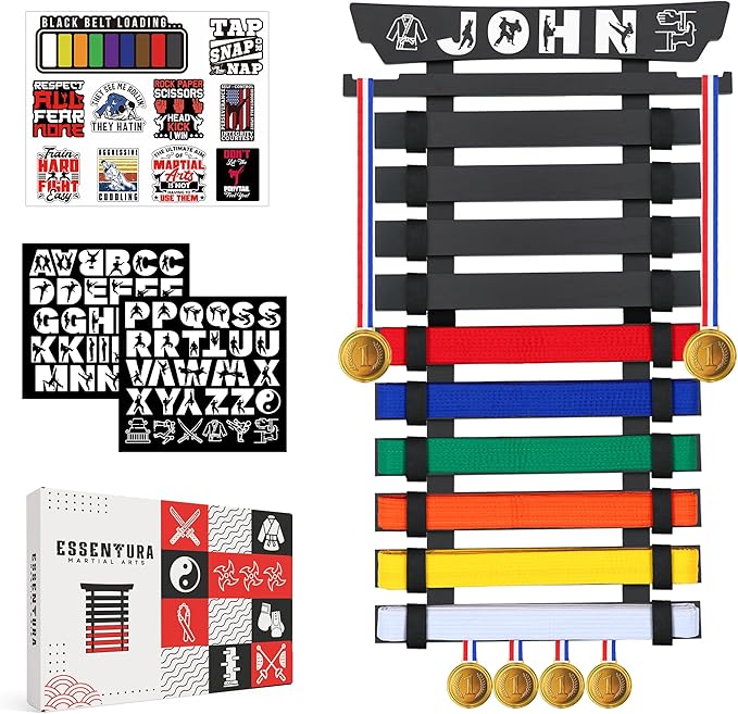 10/12 Belts Karate Belt Display Rack, Pure Bamboo Wood, Themed Stickers, Medal Hangers - Taekwondo Belt Display, Jiu Jitsu, BJJ, Martial Arts