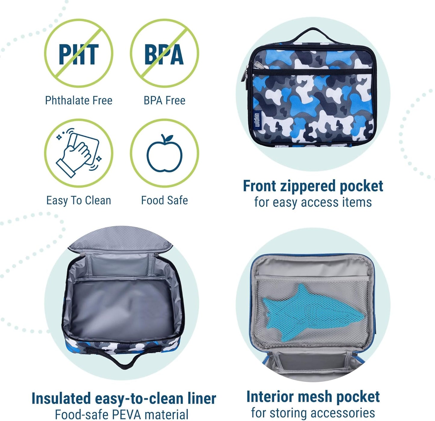 Wildkin Kids Insulated Lunch Box – Durable and Reusable for School & Travel - Blue Camo