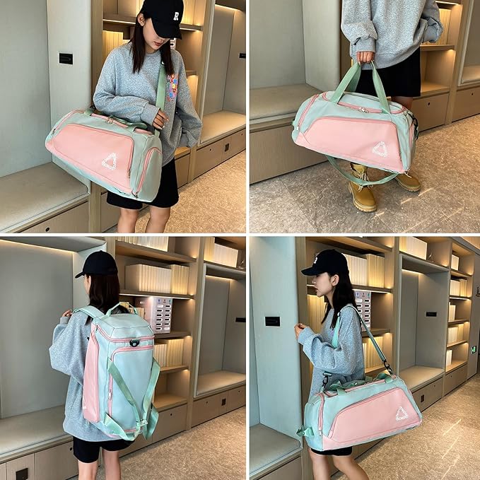 Eslcorri Gym Duffle Bag for Women Men, Sports Backpack with Wet & Shoe Compartment, Fitness Overnight Weekender Bag for Yoga, Swim, Travel (C, Pink)
