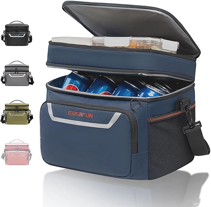 EVERFUN Small Cooler Bag 24/48 Can Insulated Lunch Box Double Deck Soft Leak-Proof Waterproof Collapsible Ice Chest for Men Women Work Travel Car Trip Picnic Beach