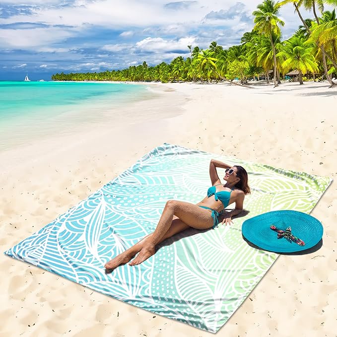 Beach Blanket Waterproof Sandproof Beach Mat for 1-8 Adults Quick Drying Durable Outdoor Picnic Mat for Beach Festival Travel Camping Hiking (Gradiant BL&GN-Ripple, 79"×83"(4 Person))