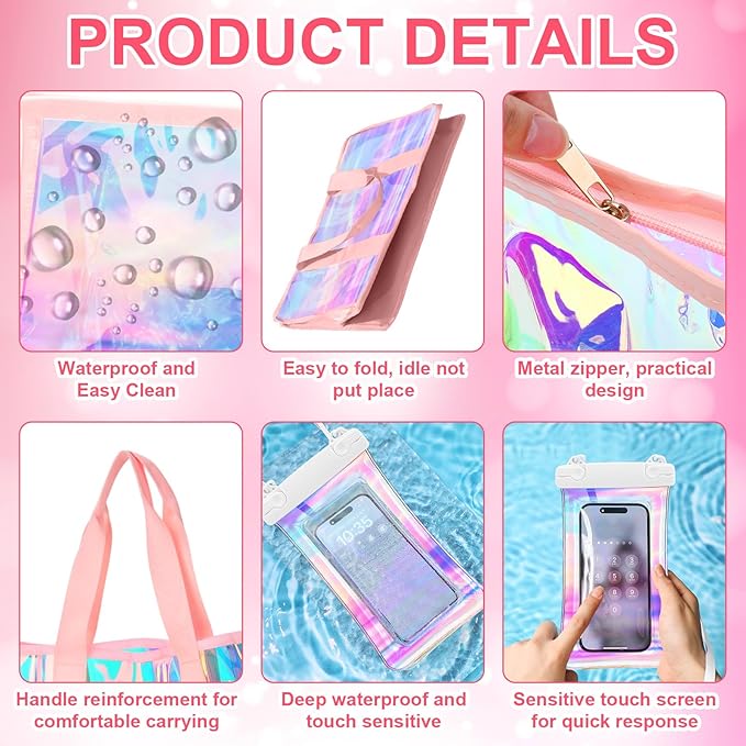 3 Pcs Waterproof Beach Bags Women Clear Iridescent Tote Bag Cosmetic Pouch for Phone Travel Beach Pool Essentials
