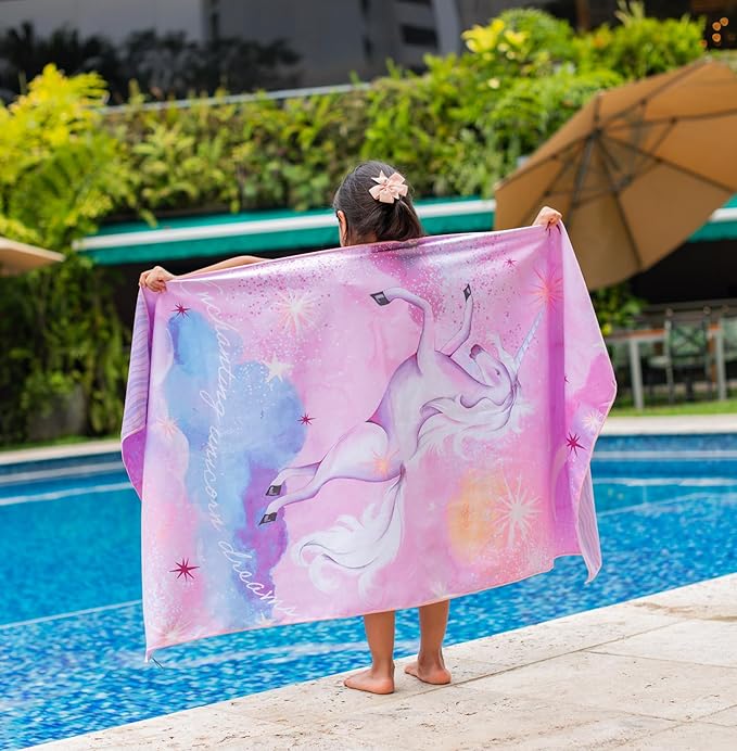 Kids Beach Towel – Quick-Dry Microfiber Pool Towel, Thin, Sand-Free, Perfect for Camping, Travel, Summer Camp, Cruise Essentials – Unicorn, Purple, 30" x 60"