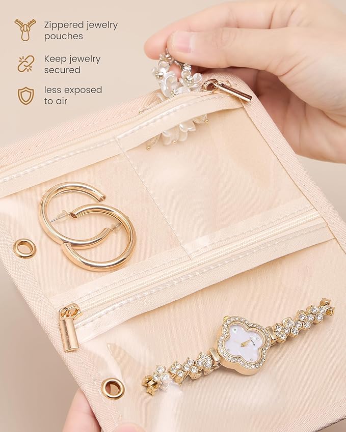 Lolalet Travel Jewelry Organizer Storage Bags, 4 Pcs Transparent Velvet Pouches with Compartments & Zippers for Jewelry Display of Earrings, Rings, Necklaces & Bracelets for Girls Women -Apricotpink