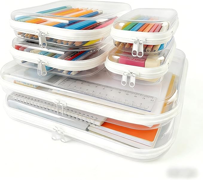 6Pcs/2L+2M+2S Clear Hard Shell Zippered Travel Case – Plastic Organizer Pouch for Toiletries, Cosmetic Bag, Diaper Bag & Packing Accessories (White, Set D)
