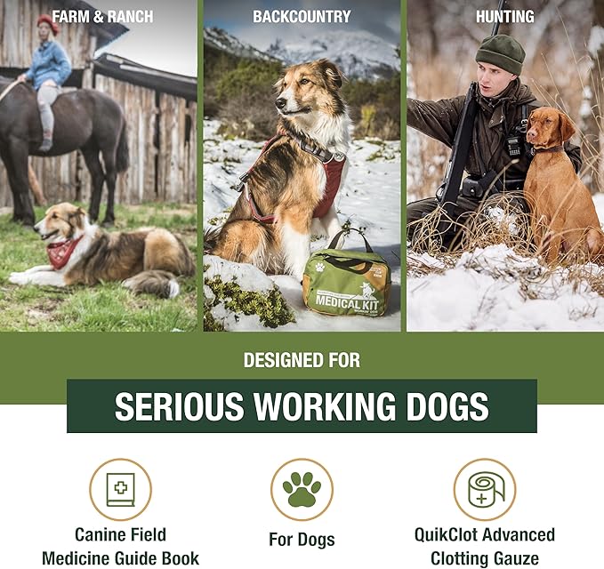Adventure Medical Kits Workin' Dog Medical Kit with QuikClot - Canine Field First Aid Kit with Headlamp, Bandages, Cold Pack, Leash, Instruction Manual & More - Compact Dog Emergency Kit