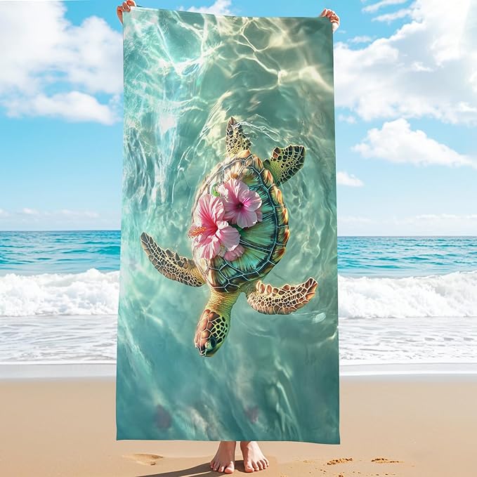Artistic Turtle Beach Towel Aqua Green Ocean Style Quick Dry Sand Free Lightweight Bath Towel, Absorbent Resort Essentials for Vacation Pool Camping Outdoor Travel 62x31 Inch