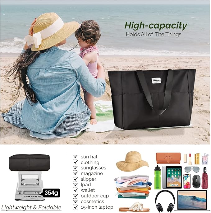 HOMESPON Large Waterproof Beach Bag for Women Sandproof Tote Bag Pool Bag with Zipper and Pockets for Travel Vacation Gym