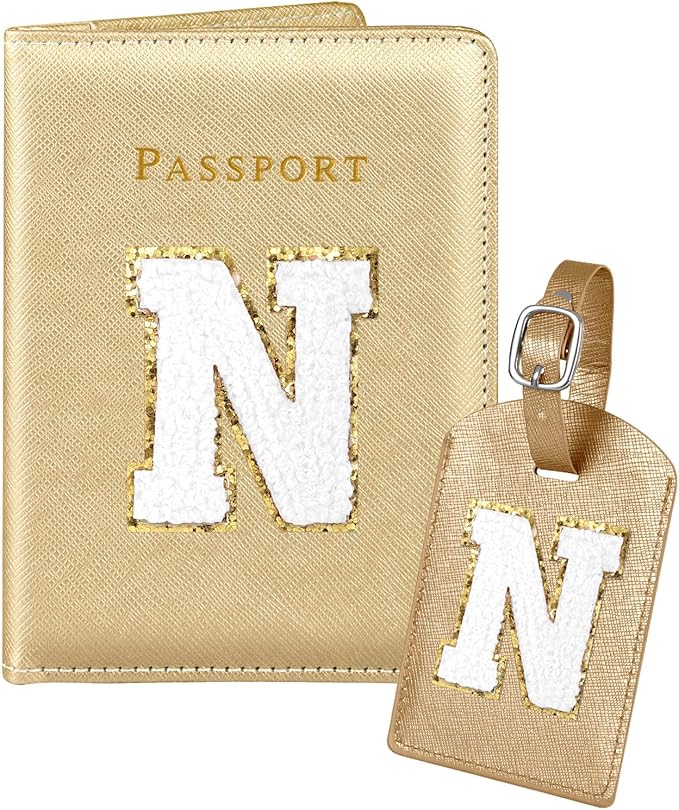 Slohif Passport Holder Initial Lugguage Tag Set Suitcase Cover Wallet Case for Travel Women - Leather Letter Passport Book Personalized Organizer Card Protector Sleeve Essentials Slim Carrier Gold N