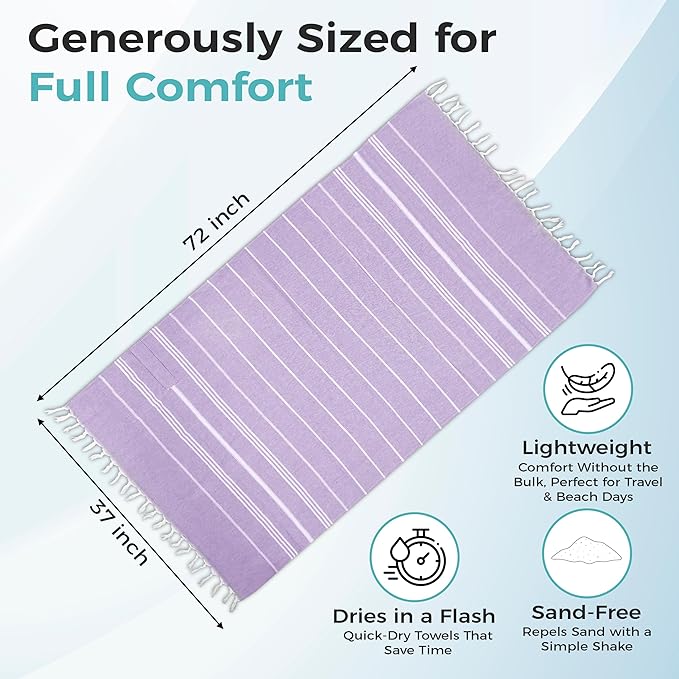 Turkish Beach Towel with Hidden Zipper Pocket 100% Cotton Oversized 72 x 37 Inches Quick Dry Sand Free Lightweight Compact for Beach, Pool, Travel, Bath, and Yoga (Light Purple)