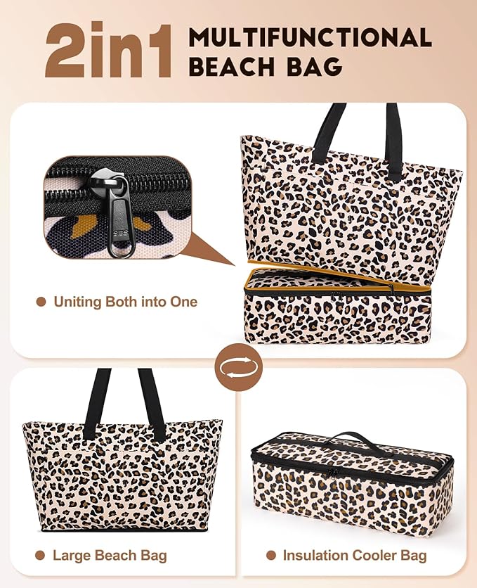 ISEYOU Beach Bag with Cooler, 49L Large Family Beach Tote with Zipper, Waterproof Sandproof Beach Bags for Women and Men, Foldable Lightweight Travel Bag for Pool, Picnic, Gym