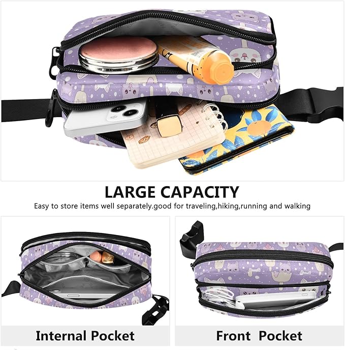 Kawaii Cat Ice Cream Polka Dots Fanny Pack for Women Men Water Resistant Fashion Waist Packs with Adjustable Strap Belt Bag for Travel Workout Jogging Hiking 21219101