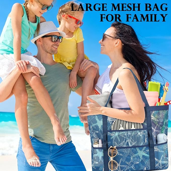 Mesh Beach Bag, Large Beach Tote with Zipper Pocket, Toys Pool Bag for Family Travel Vacation Cruise Essentials