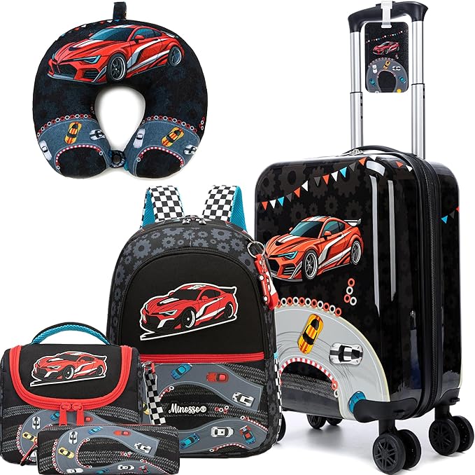 Kid's Luggage Set 5 Piece Suitcase Set 16" Hardside Luggage with Spinner Wheels Boys Carry on Toddler Travel Rolling Luggage Airline Approved