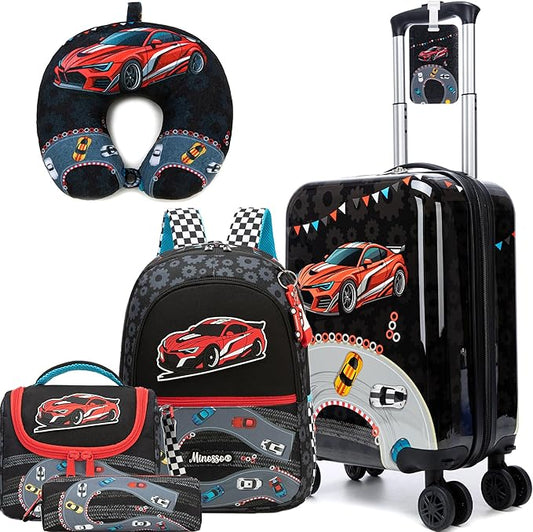 Kid's Luggage Set 5 Piece Suitcase Set 16" Hardside Luggage with Spinner Wheels Boys Carry on Toddler Travel Rolling Luggage Airline Approved