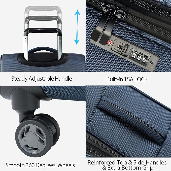 KROSER Softside Expandable checked Luggage with Front Business Pockets，24 Inch Suitcases with Spinner Wheels & Built-in TSA Lock, Durable Suitcase Rolling Luggage, Haze Blue