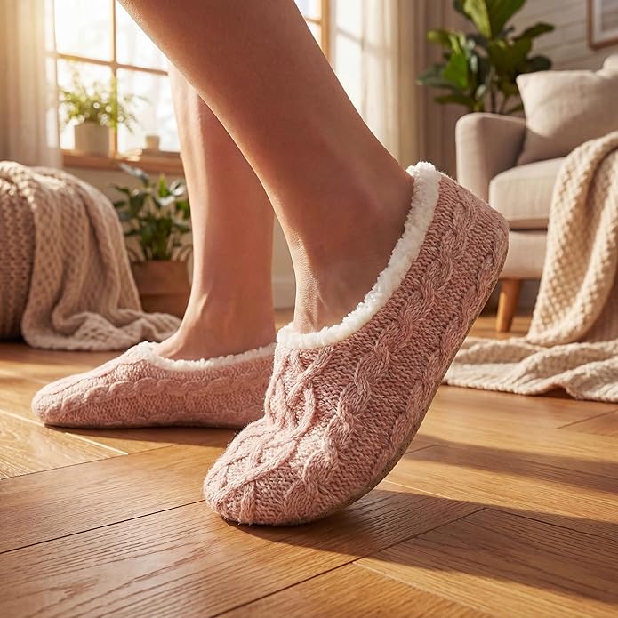 Cozylook 2-Pair Women's Soft Sole Slipper Socks with Grippers, Thick Warm Cozy Sherpa Lined Home Socks Set, Cable Knitted Non-slip Fluffy Winter House Bedroom Slippers