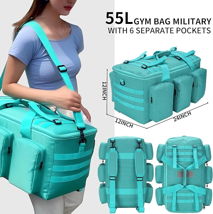 3 In 1 Military Duffel Bag 50L Gym Bag for Men Convertible Weekender Backpack for Sports Travel Basketball (50L-LakeBlue)