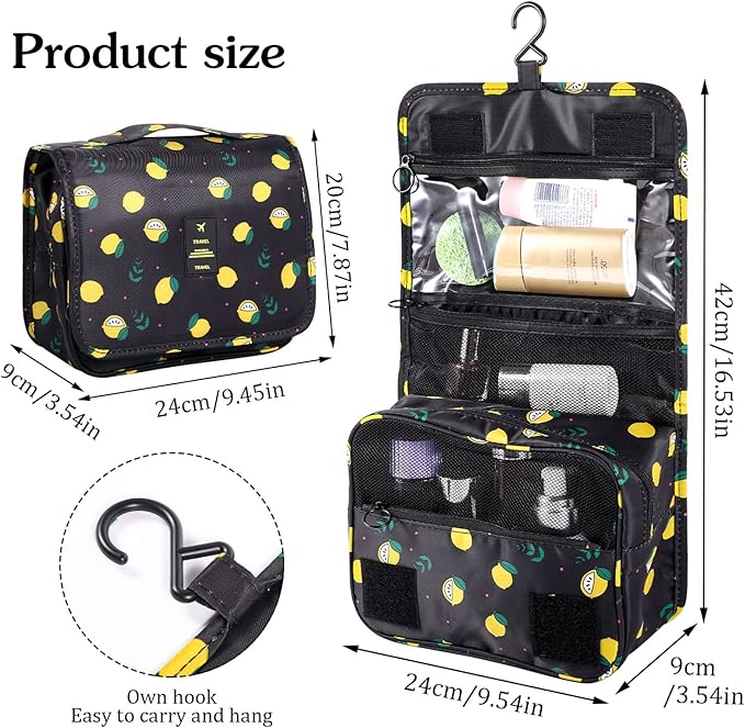 Pengxiaomei Toiletry Bag, Waterproof Hanging Cosmetic Bag Portable Travel Makeup Pouch Bathroom Bag Stocking Stuffers for Women Christmas Gifts(Black Lemon)