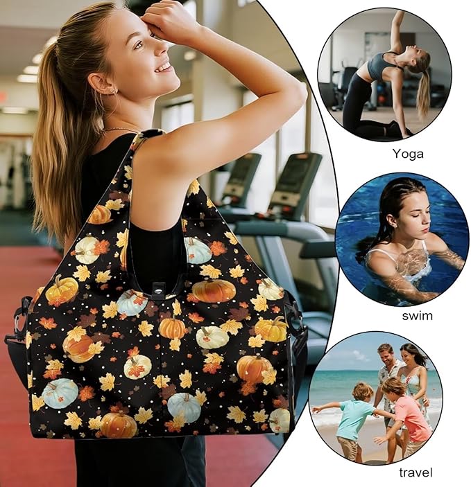Maple Leaf Pumpkins Small Gym Bag for Women with Shoe Compartment Duffle Bag for Travel Carry On Overnight Weekender Bags Fitness Workout Yoga Tote Bags for Thanksgiving Themed Gifts
