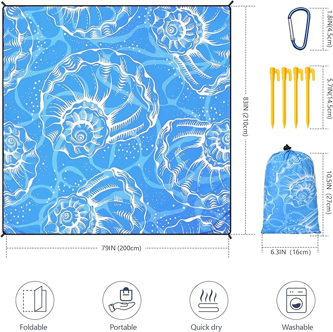 Beach Blanket Waterproof Sandproof Beach Mat 79”x 83” for 1-8 Adults Quick Drying Durable Outdoor Picnic Mat for Beach Festival Travel Camping Hiking (Conch Shell-BL, 79"×83"(4 Person))