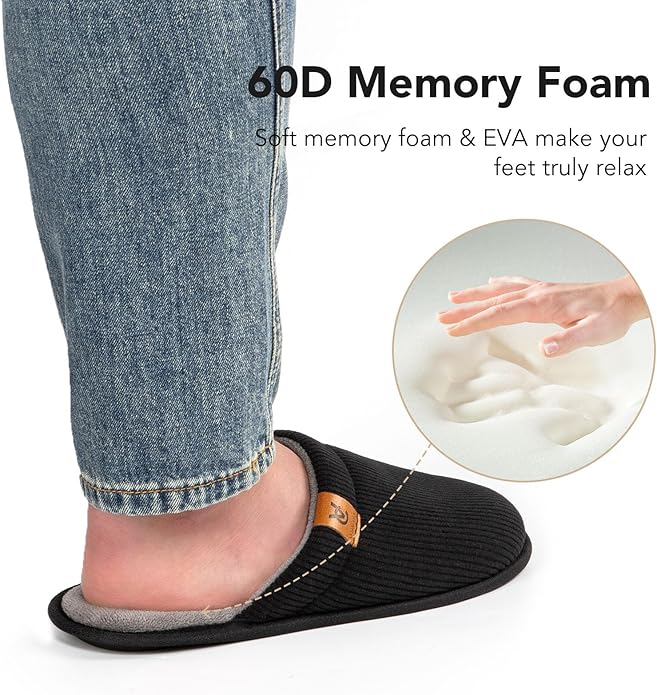 VeraCosy Men's Corduroy Scuff Slippers Soft Comfy Memory Foam Non-slip Indoor House Shoes